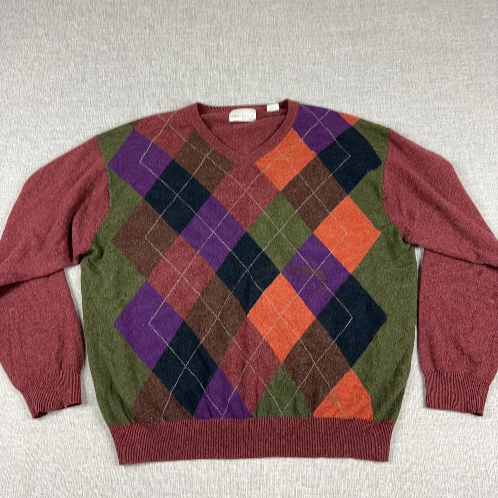 American Blue Sweater Mens XL Multicolor Argyle V Neck 100% Cashmere Pullover